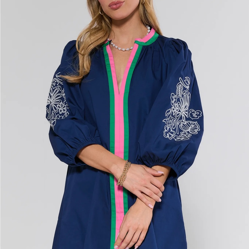 Avara Jennifer Navy Striped Short Dress Puff Sleeve Embroidered-size m